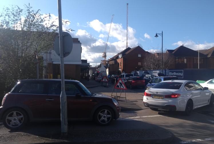 Cars backed up to the Waitrose car park due to roadworks