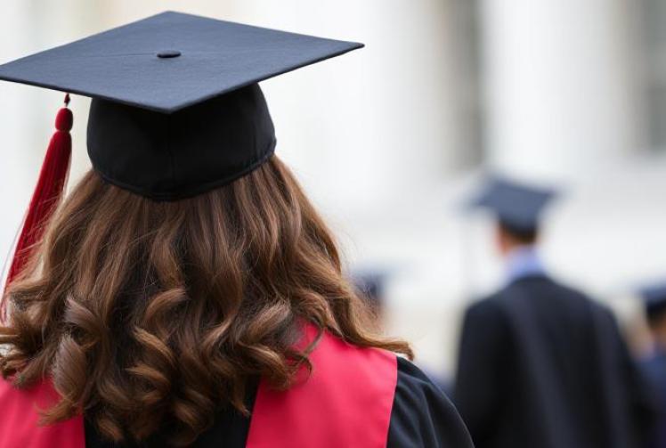 Stock picture of a young woman in a mortarboard, university student.